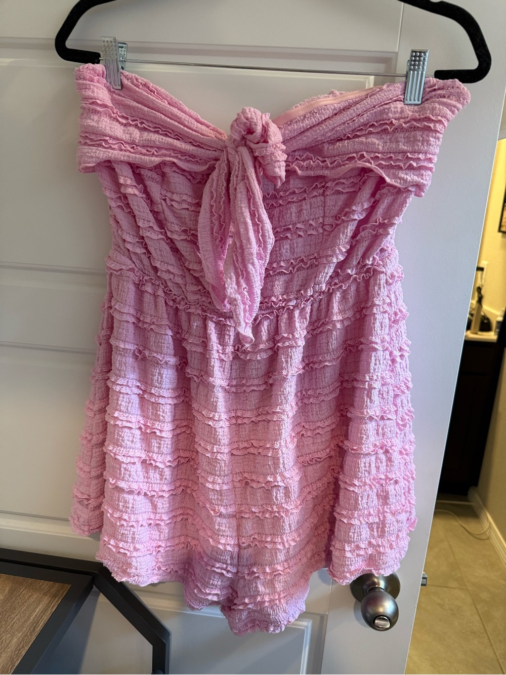 SHEIN Pink Ruffle Strapless Tie-Front Romper